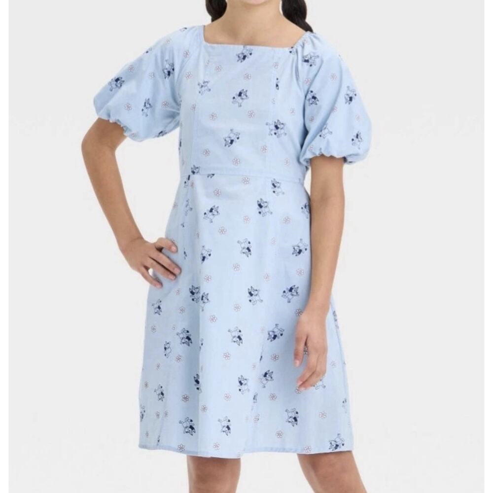 Bluey Dress Girls XL Blue Puff Sleeve Floral Cartoon Dog Print New NWT